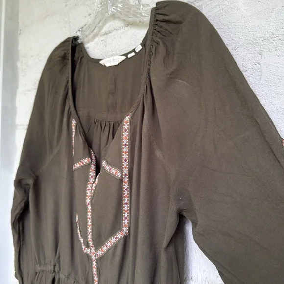 Anthropologie Edme and Esyllte Olive Peasant Boho  Dress W Ribbon Trim Medium - Picture 5 of 12